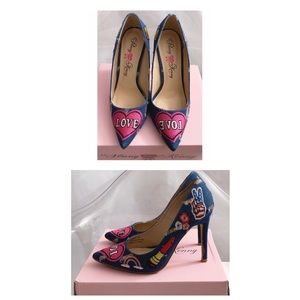EUC Penny Loves ❤️Kenny Blue Denim Multi Patches designs Heels-Size 7